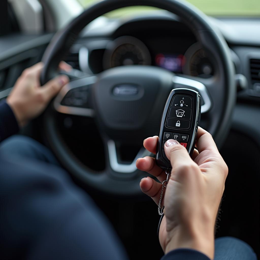 A mechanic holding a 2-way key fob and programming device