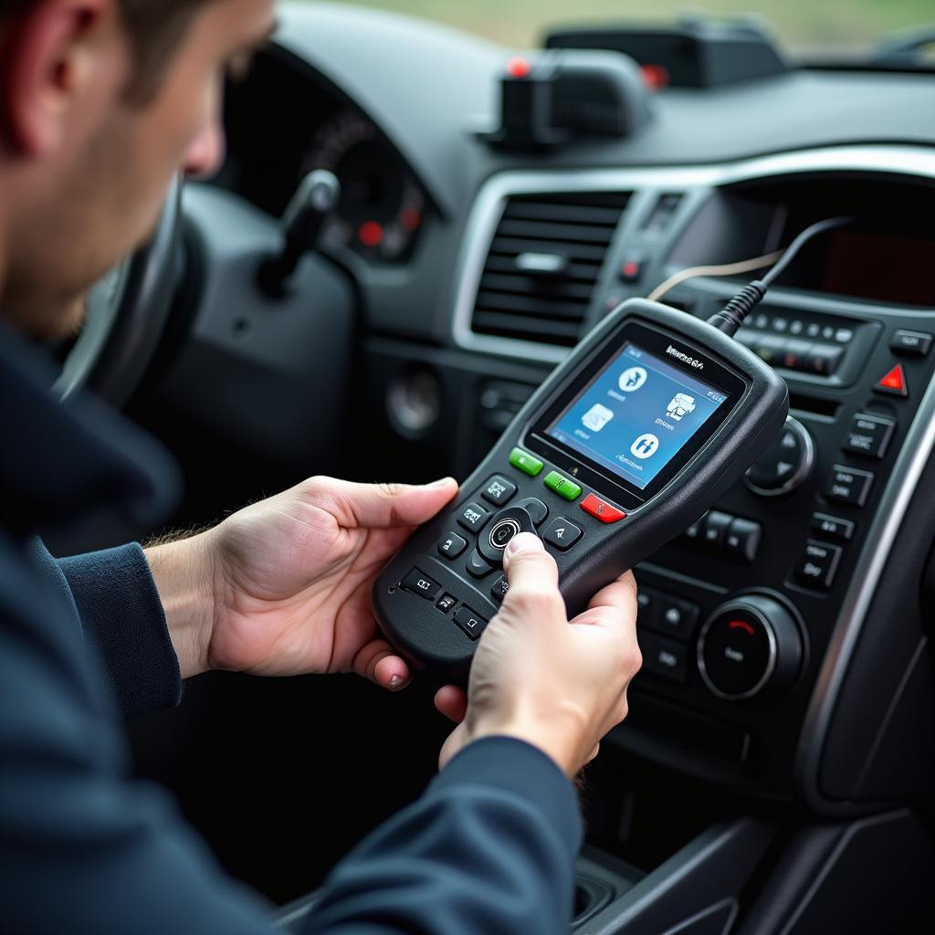 An automotive locksmith programming a 2006 Saab 9-3 key fob