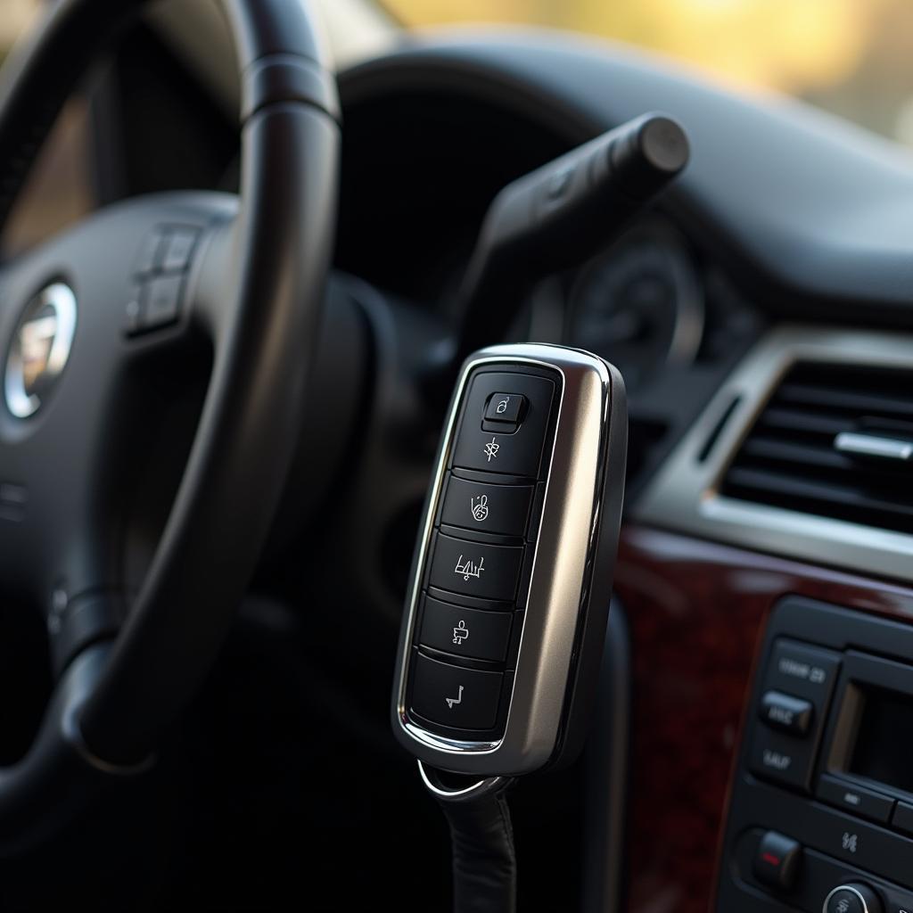 2007 Cadillac Escalade EXT key fob lying on the car's dashboard