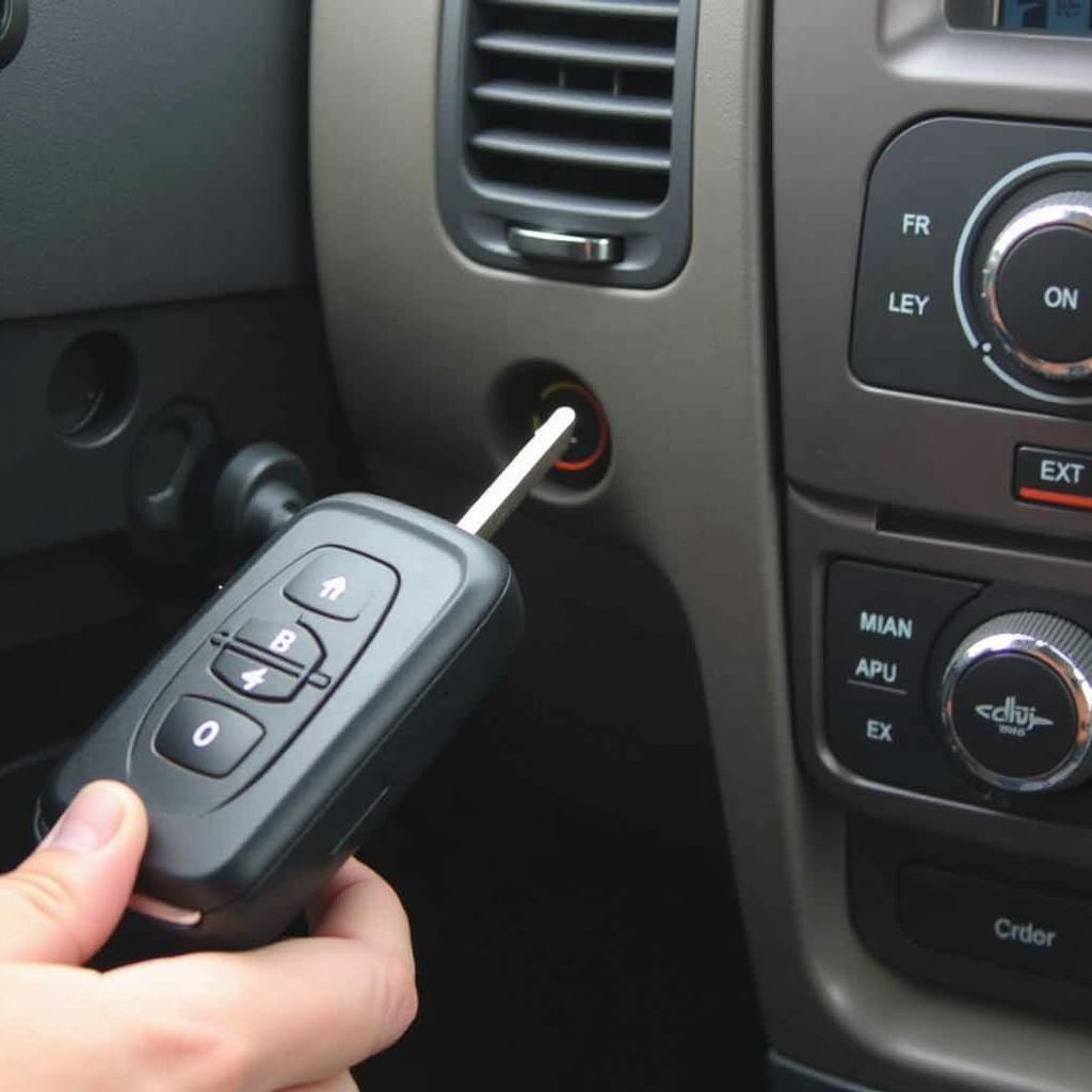 2010 Chevy HHR key fob inserted into the ignition switch for programming.