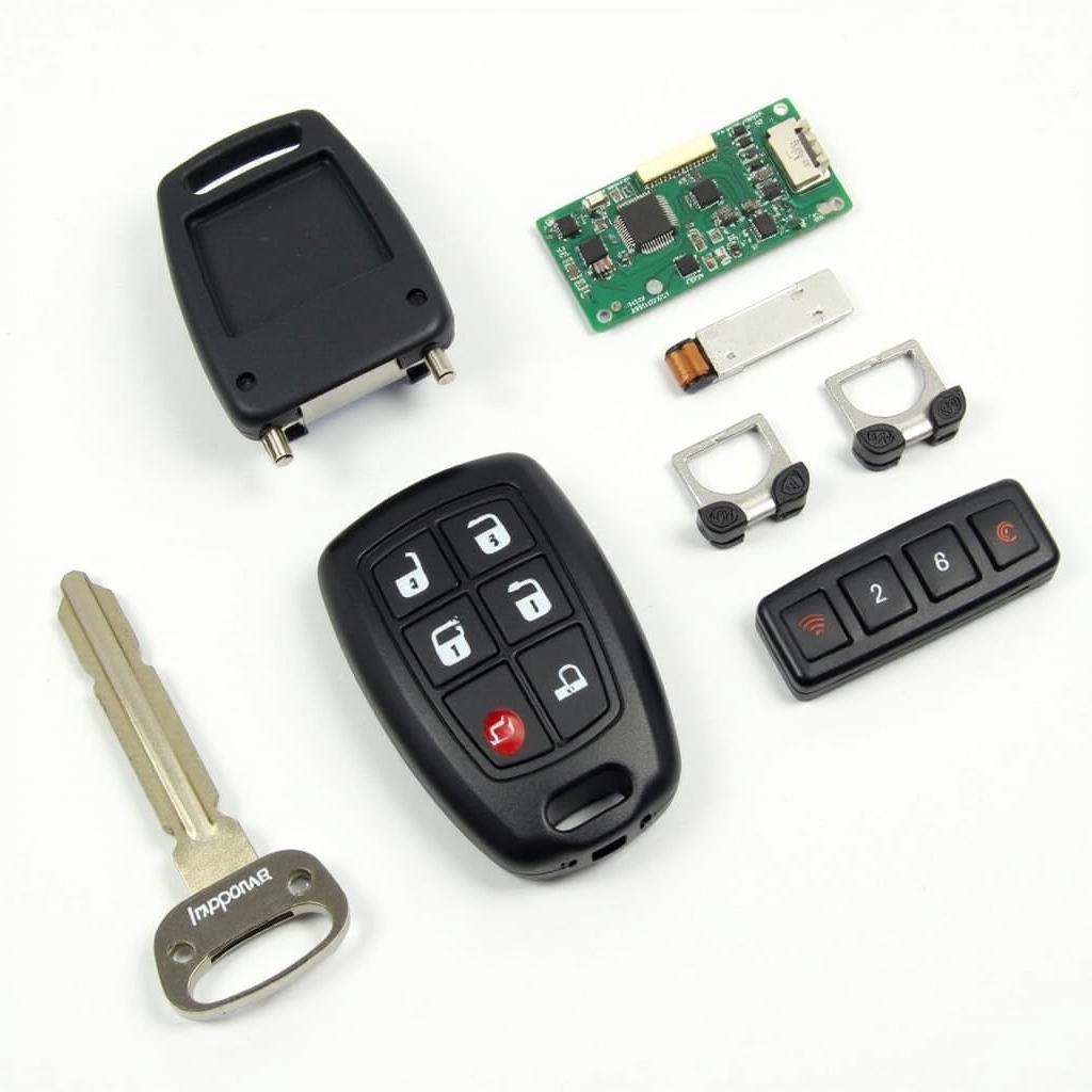 2010 Subaru Impreza key fob components disassembled, showing battery, circuit board, and buttons