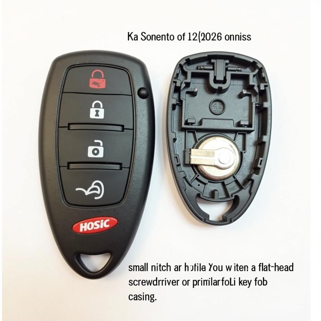 2011 Kia Sorento key fob battery location: A close-up view showing the placement of the CR2032 battery inside the key fob.