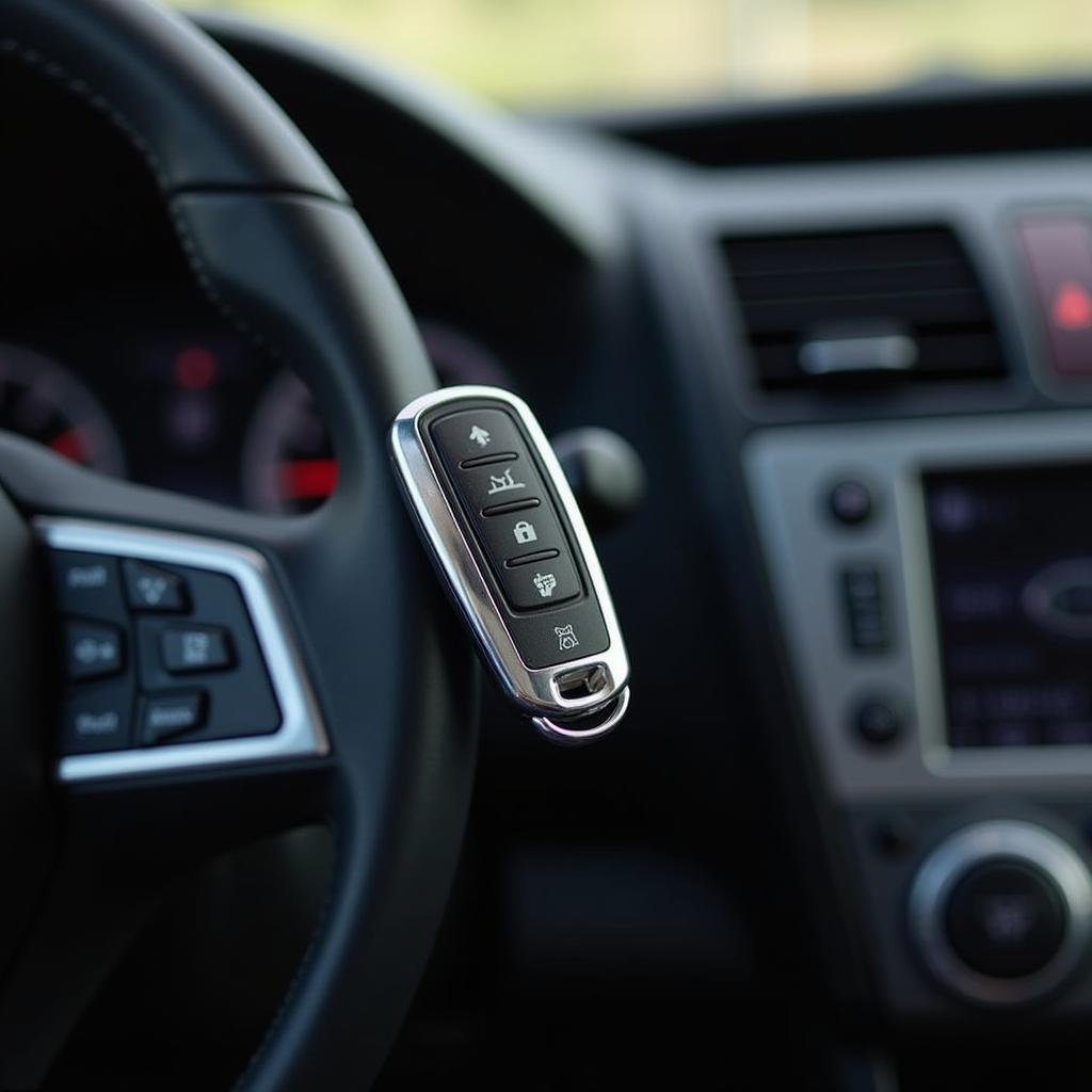 2012 Subaru Impreza key fob replacement lying on a car dashboard