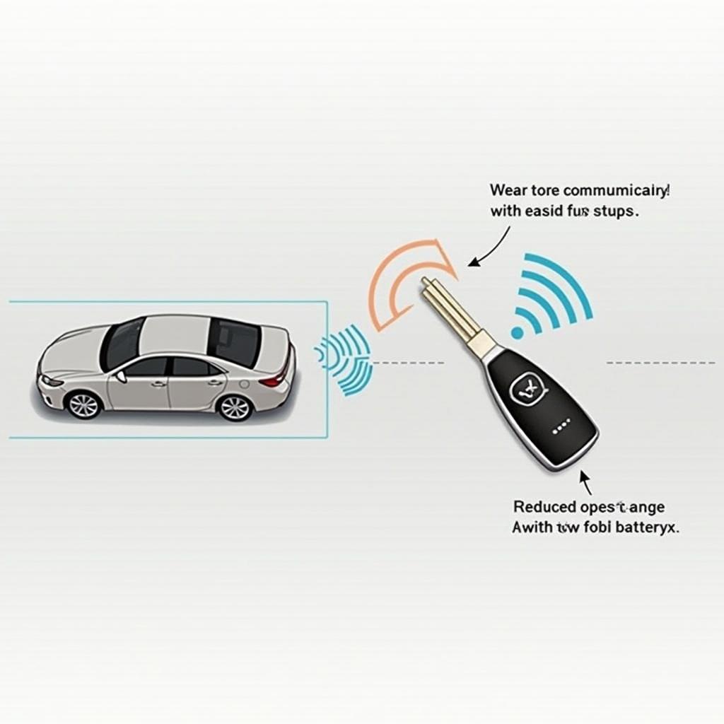 2014 Lexus ES 350 Key Fob with Low Battery Range: Illustration of a key fob struggling to connect to a car from a distance, highlighting the reduced operating range as a sign of a weak battery.