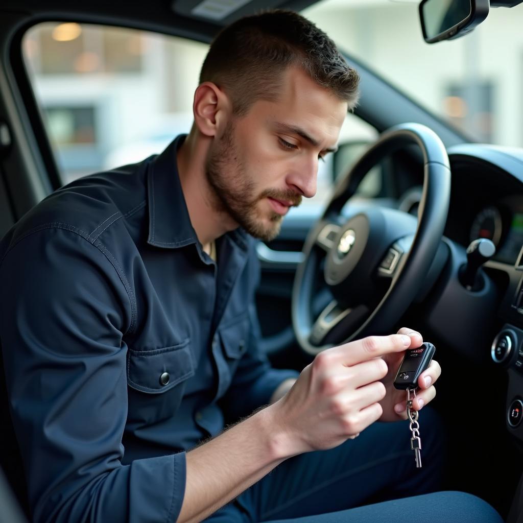 Automotive locksmith programming a car key