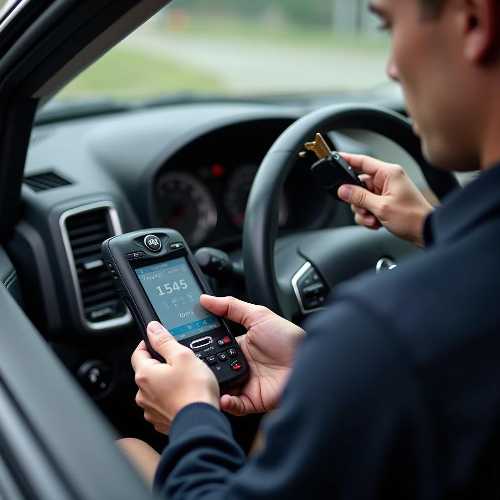 Automotive locksmith programming a key fob for a modern car