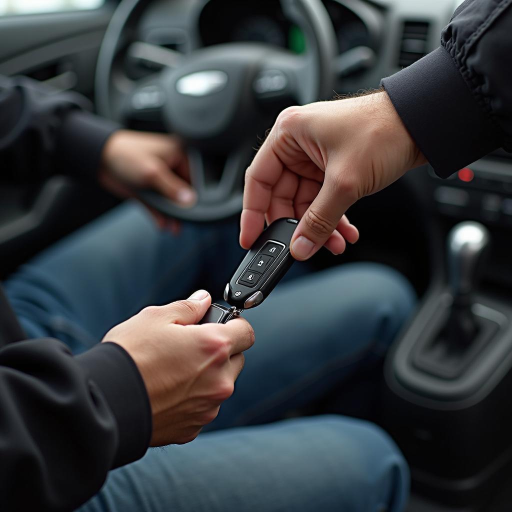 Automotive locksmith programming a car key fob