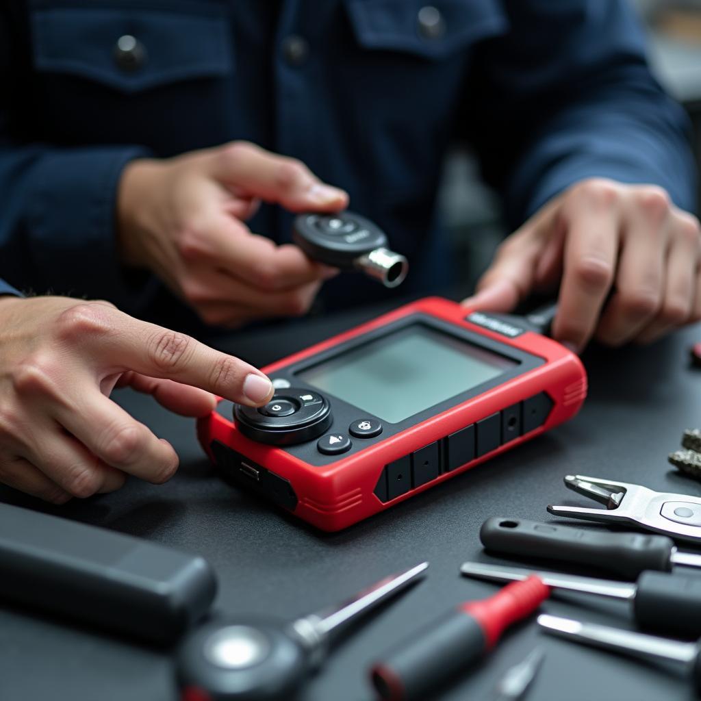 An automotive locksmith programming a car key fob using specialized equipment.