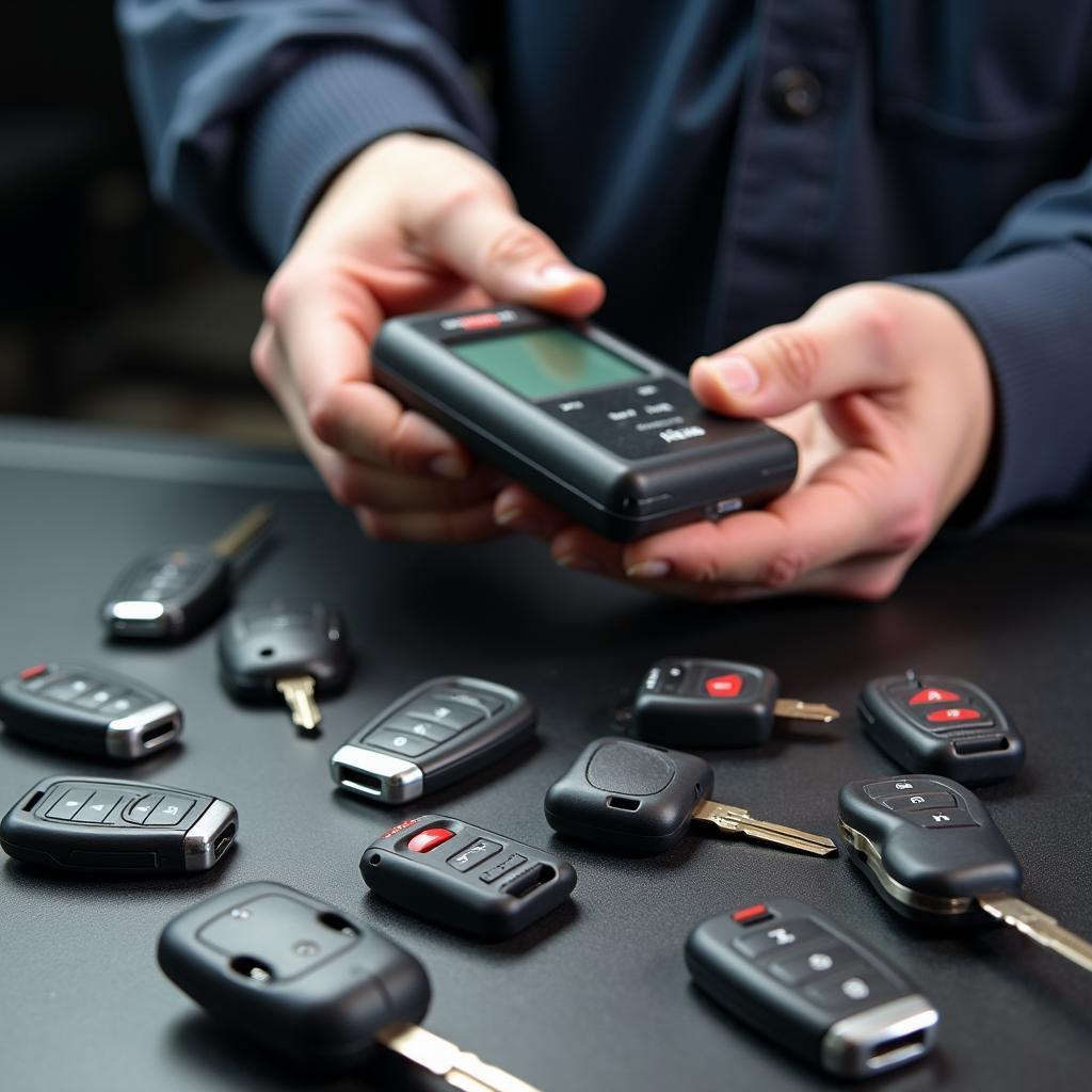 An automotive locksmith programming a key fob