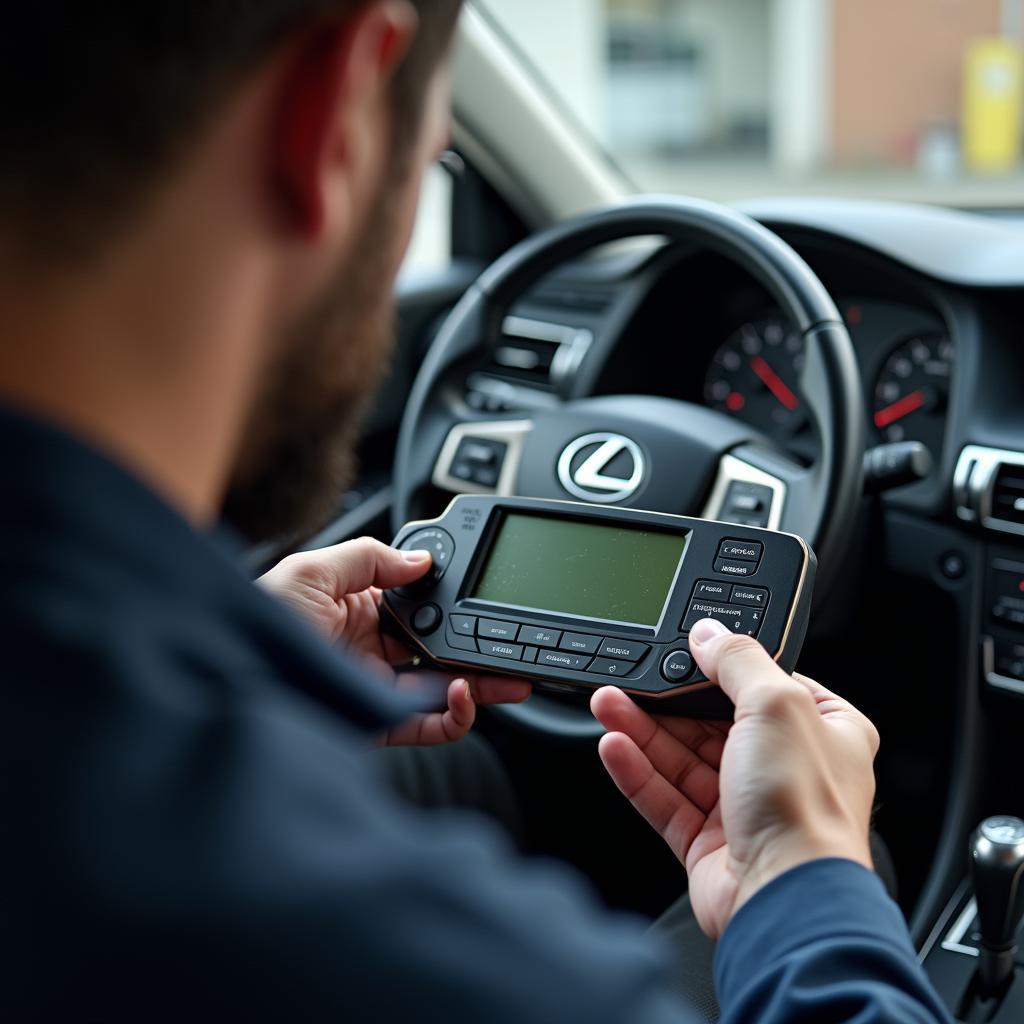 Automotive locksmith reprogramming a Lexus key fob