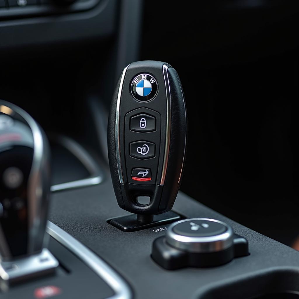 Charging a BMW E90 key fob by inserting it into the car's ignition slot.