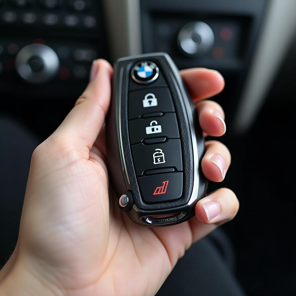 Hand holding a BMW key fob