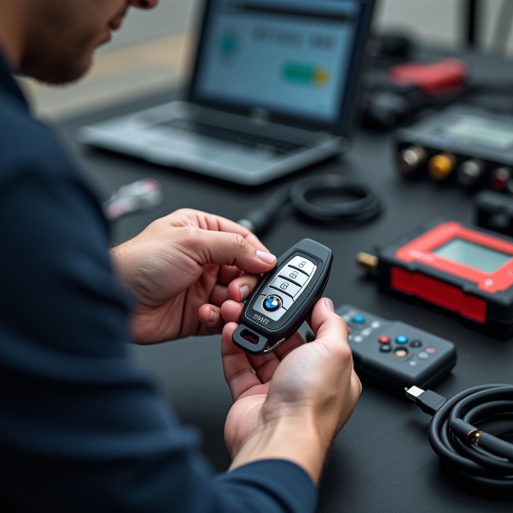 Technician using specialized equipment to program a BMW key fob