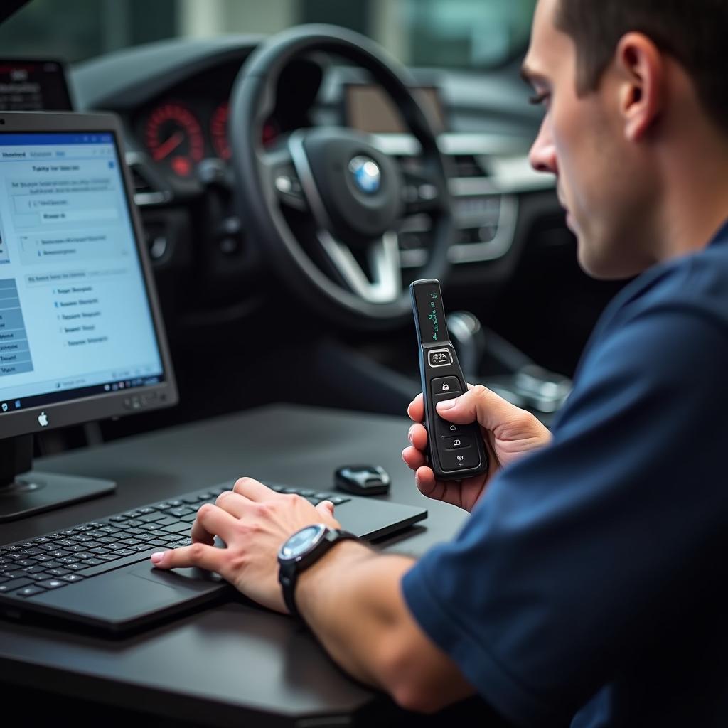 An automotive technician programming a BMW key fob using specialized equipment