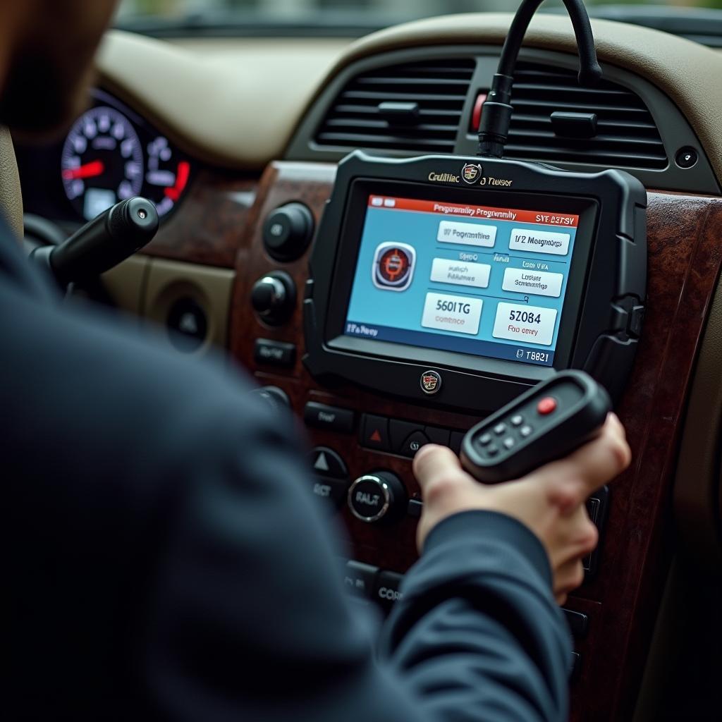 A mechanic using a diagnostic tool to program a Cadillac Escalade EXT key fob