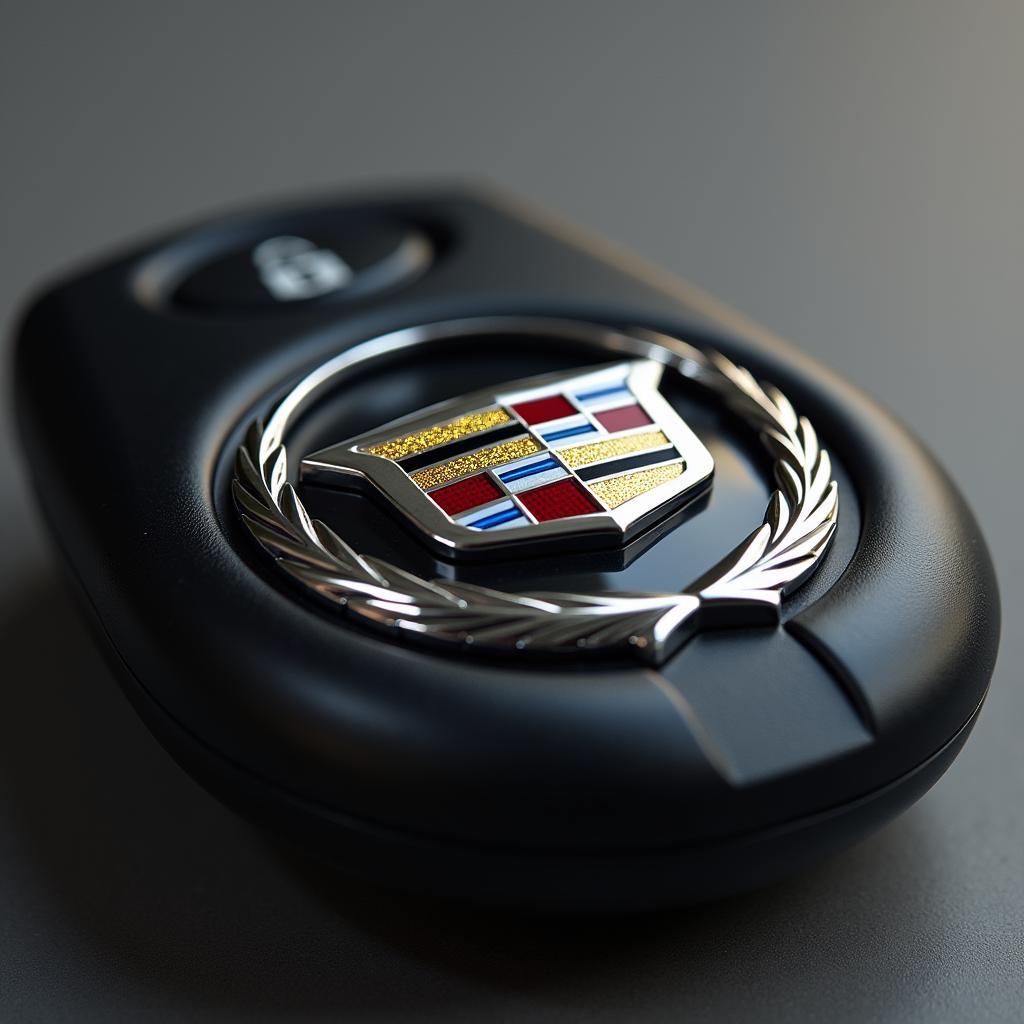 Close-up view of a Cadillac key fob emblem