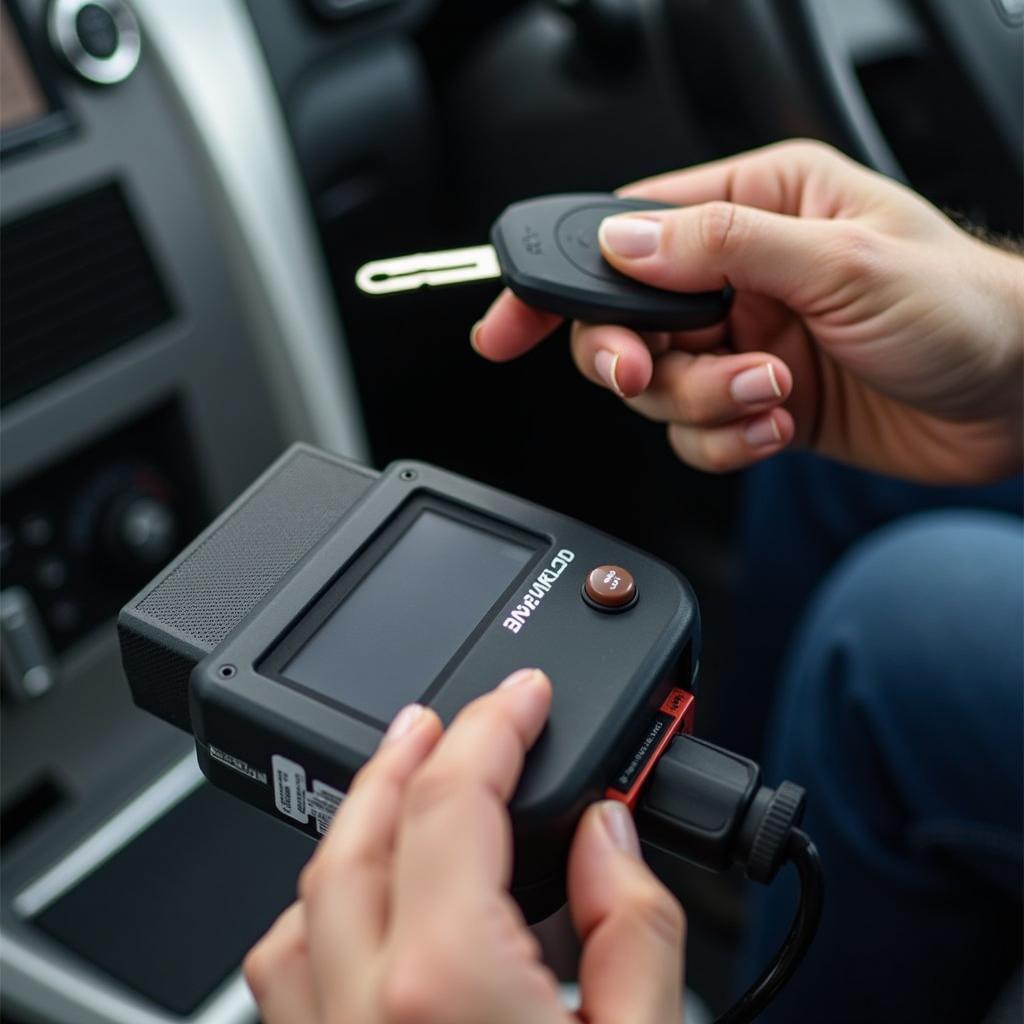 Car key fob programming at an auto shop