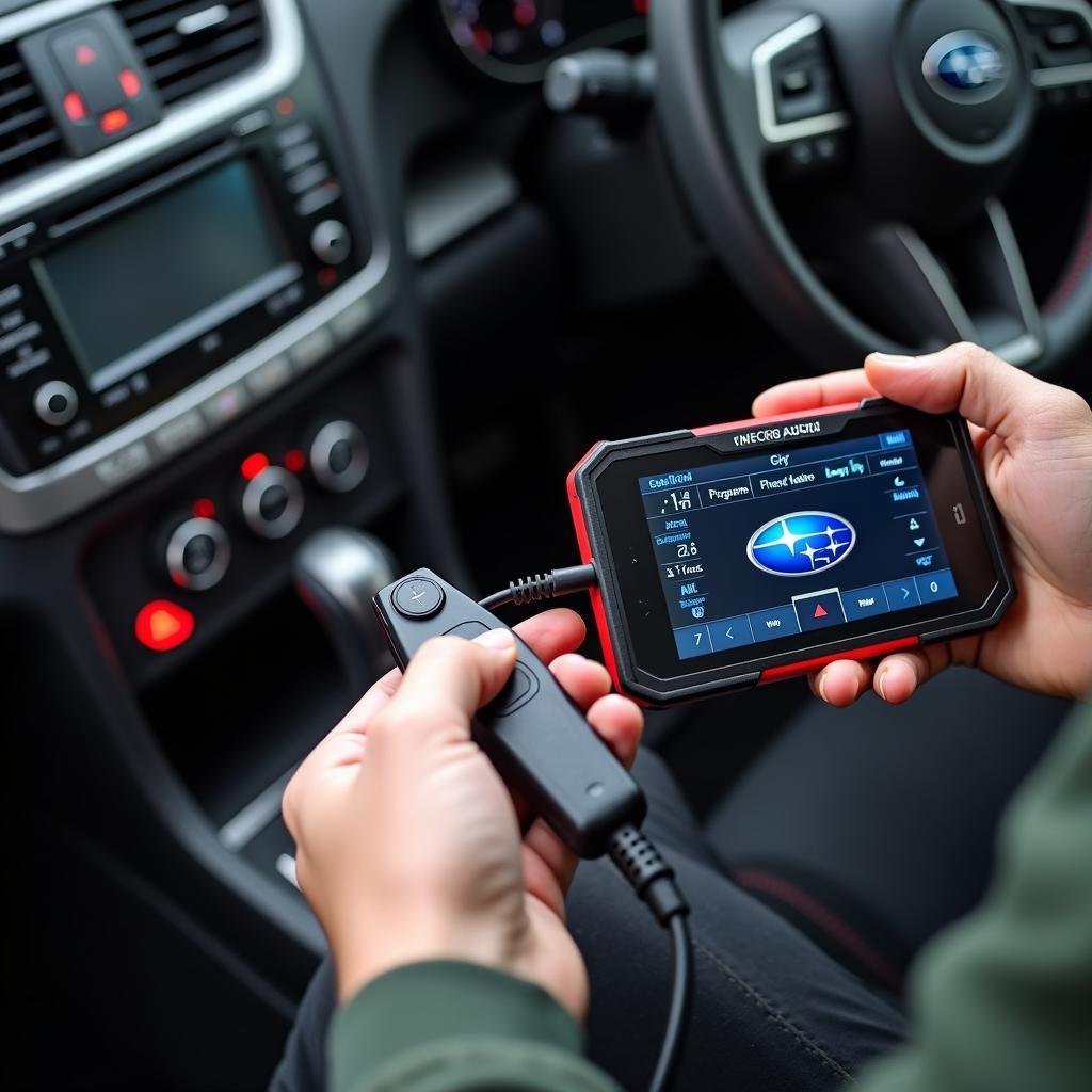 A car key programmer connecting to a Subaru Outback's system for programming