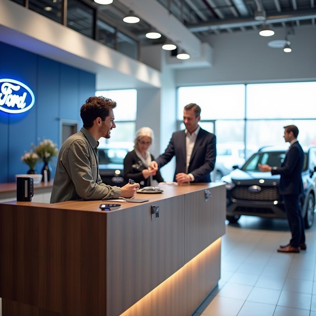 A Ford dealership service counter where customers can obtain new key fobs.