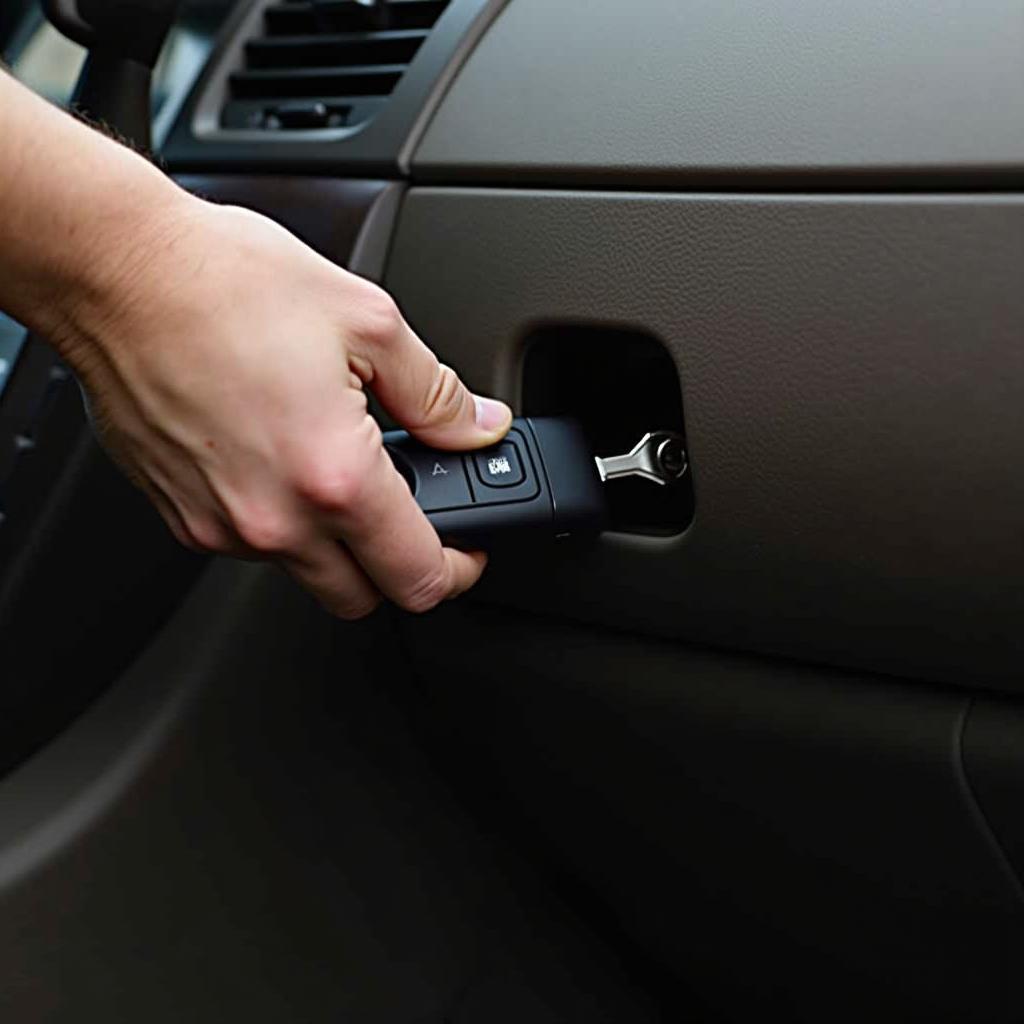 Interior view of a GMC Yukon Denali with the ignition and key fob visible