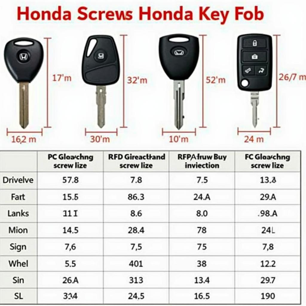 Honda Key Fob Screw Sizes Chart