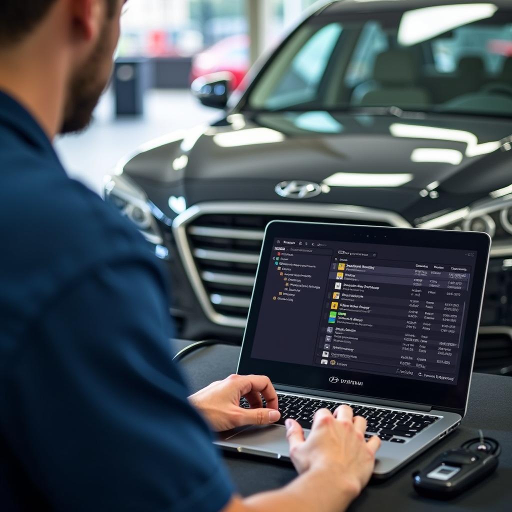 A person programming a Hyundai Genesis key fob using a laptop and specialized software.