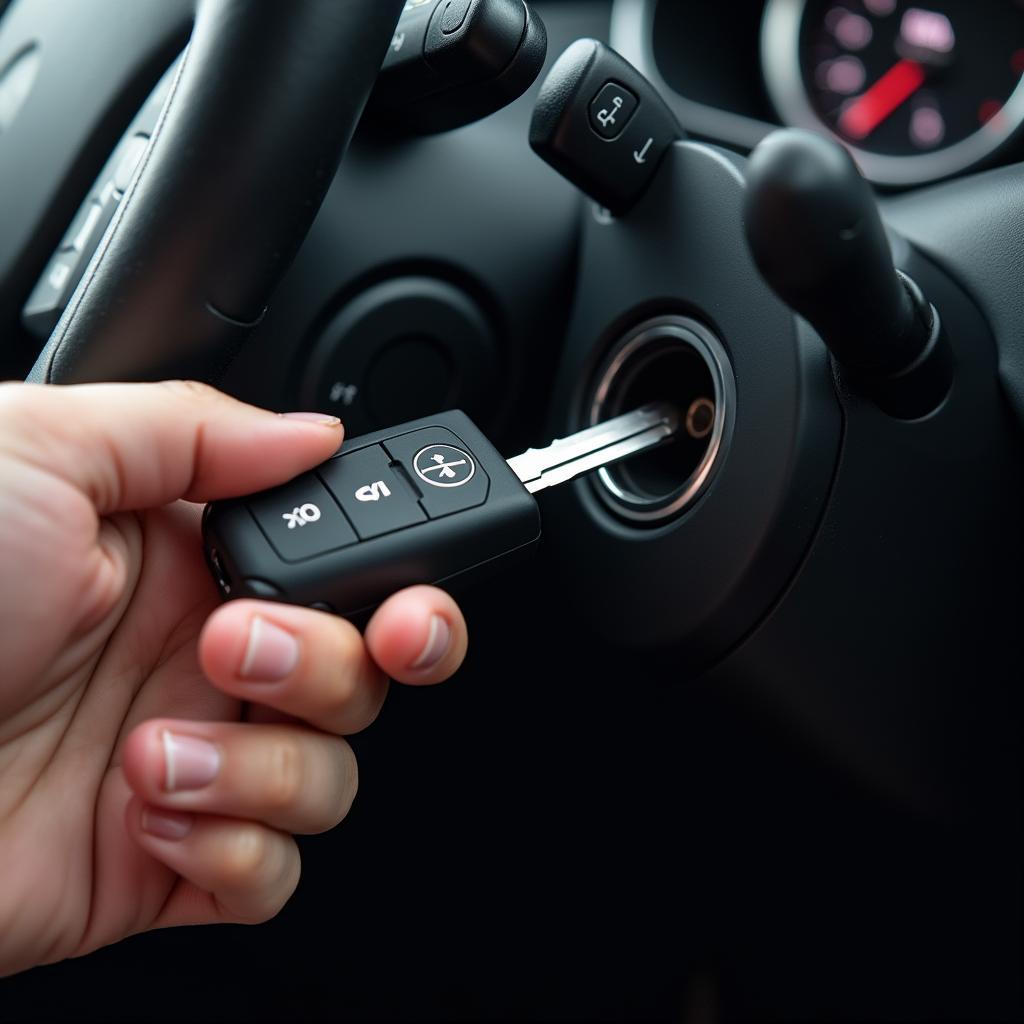 Inserting a Mercedes key fob into the ignition slot