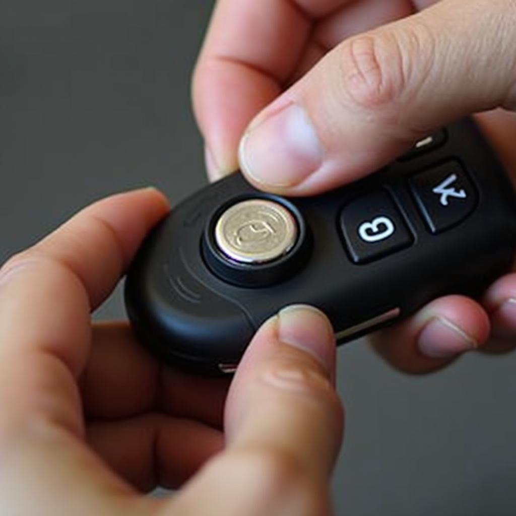 Inserting new CR2025 battery into Mazda key fob