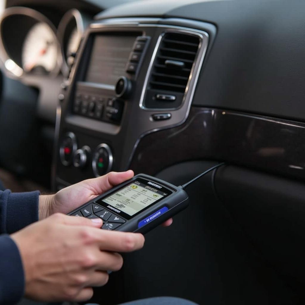 A mechanic using a diagnostic tool to program a Jeep Grand Cherokee key.