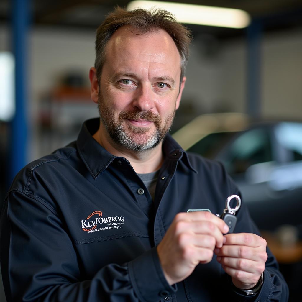 John Miller, Automotive Locksmith at Keyfobprog, examining a car key.