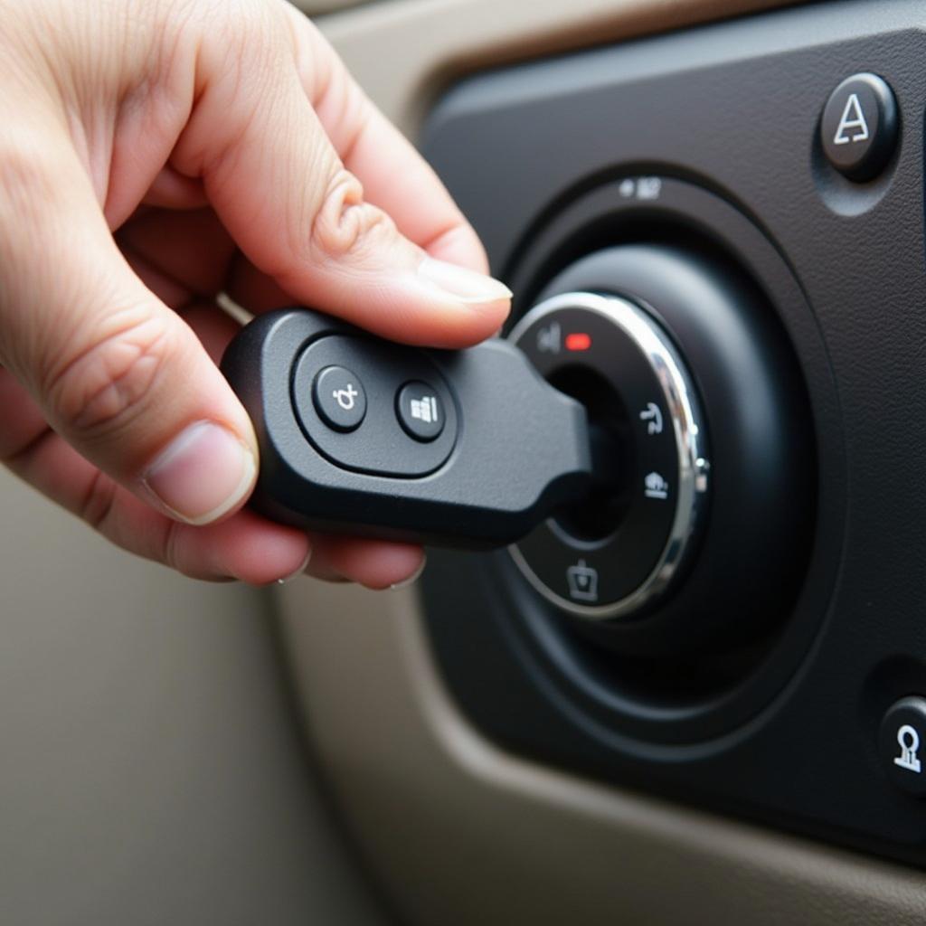 A person holding a Kia Sedona key fob and inserting it into the ignition to reprogram it