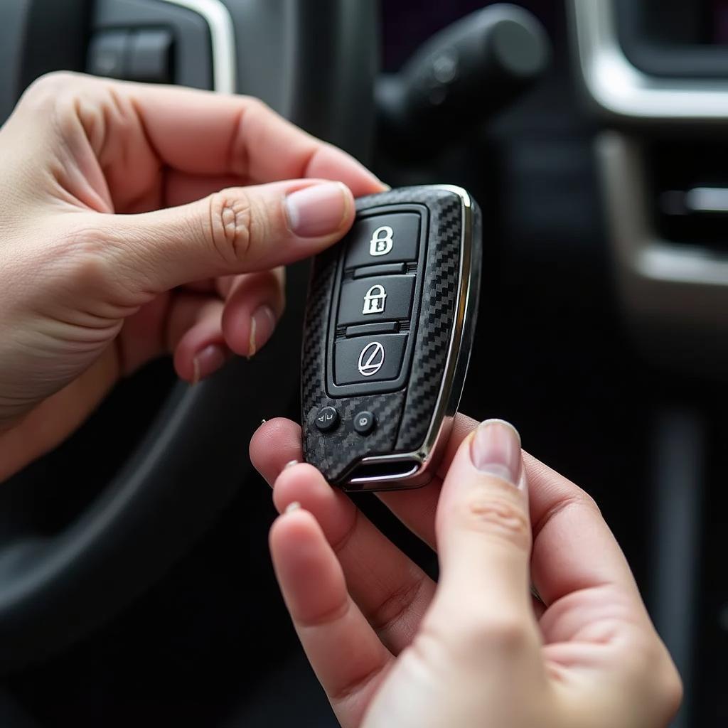 Lexus owner putting a carbon fiber key fob cover on their key fob