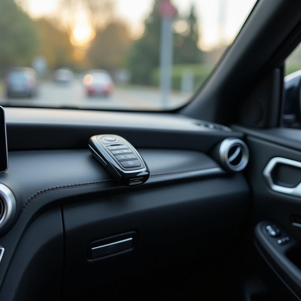 A Mercedes key fob lying on the car dashboard, signaling issues with its functionality.