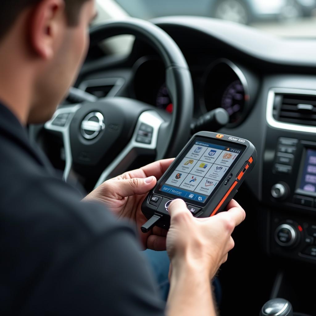 A mechanic using a diagnostic tool to program a Nissan Altima key fob.