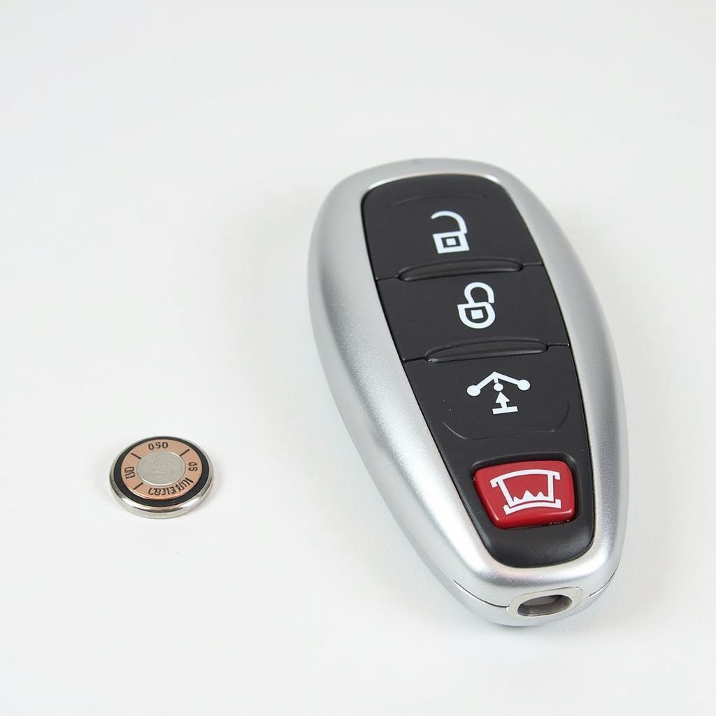 Nissan Rogue key fob and a CR2032 battery side by side.