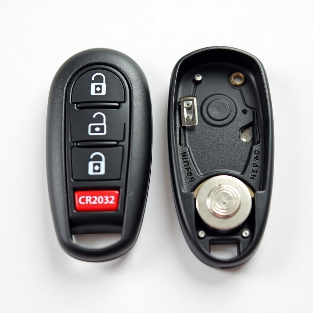 Open Nissan Sentra key fob with exposed CR2032 battery