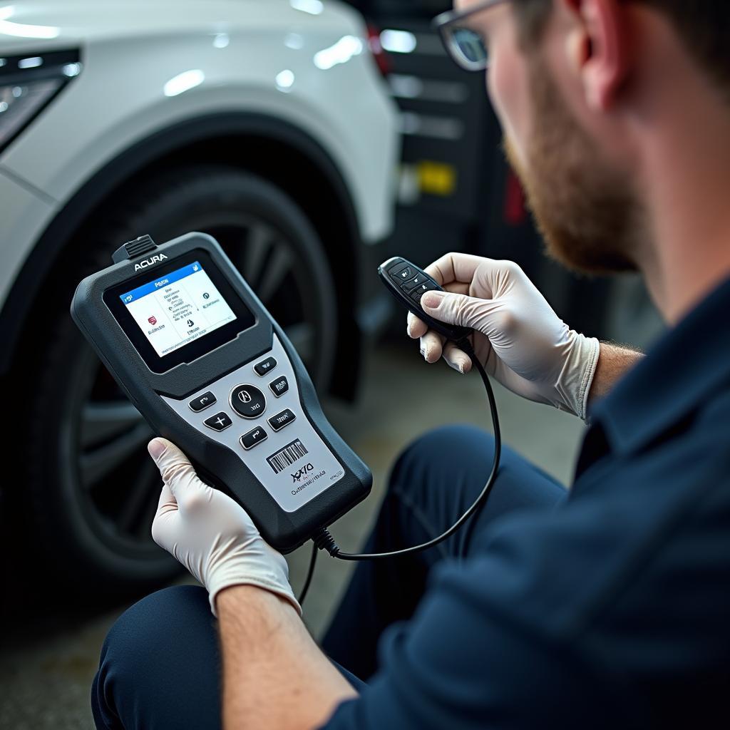 An automotive locksmith using specialized equipment to reprogram an Acura key fob.