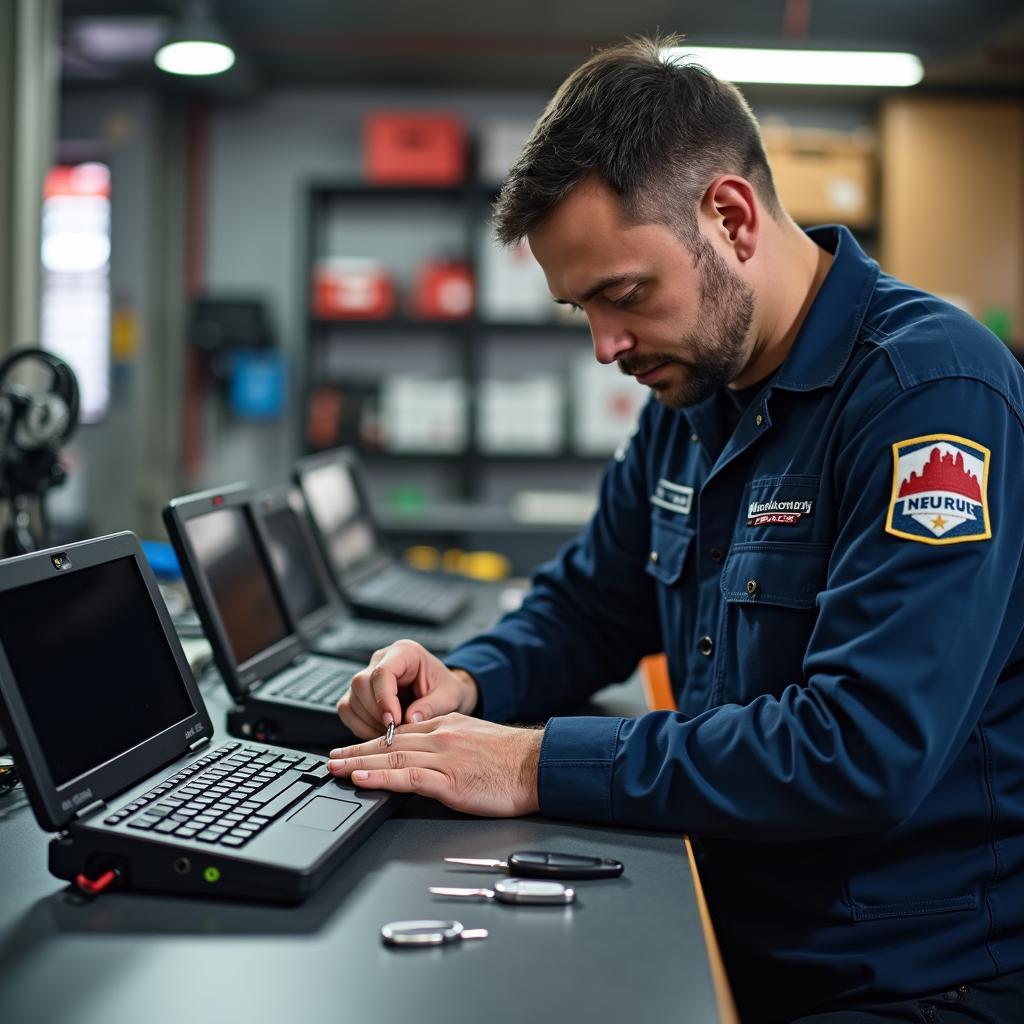 A professional automotive locksmith programming a car key