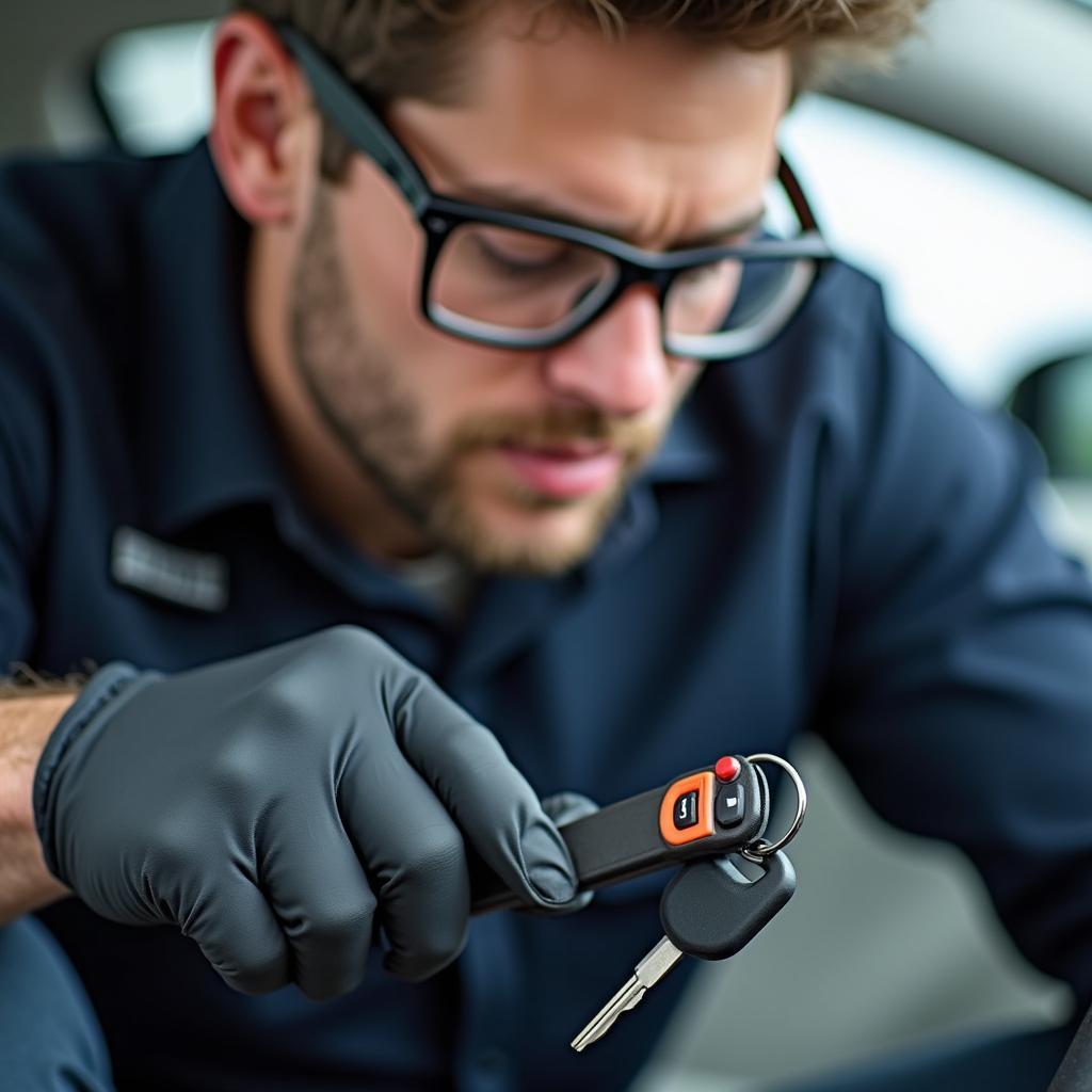 An automotive locksmith programming a car key fob