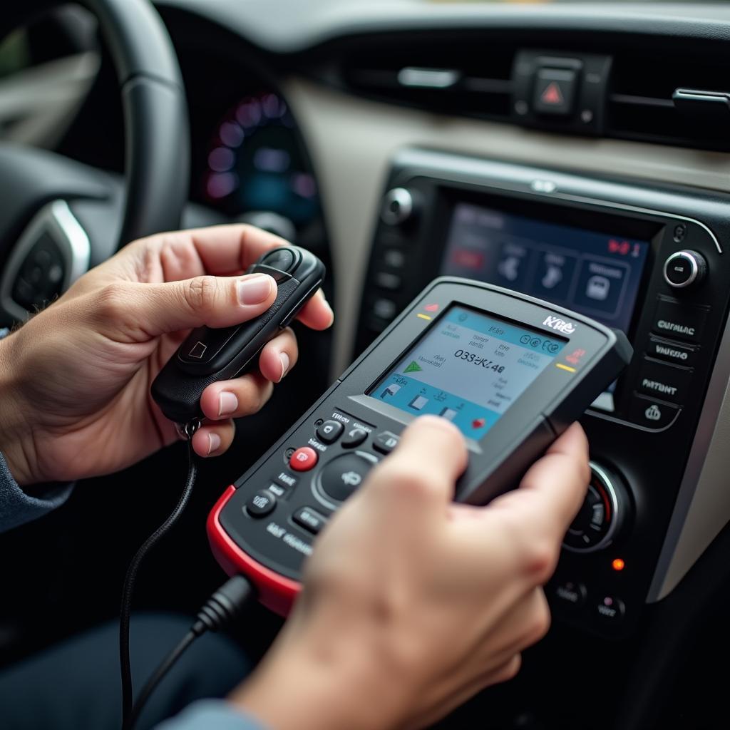 Professional automotive locksmith programming a key fob