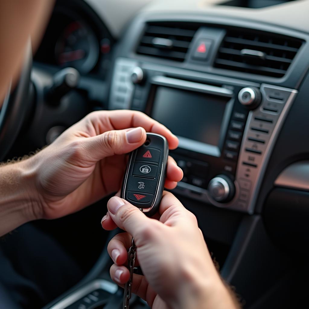 Professional automotive locksmith working on a Toyota Camry key fob