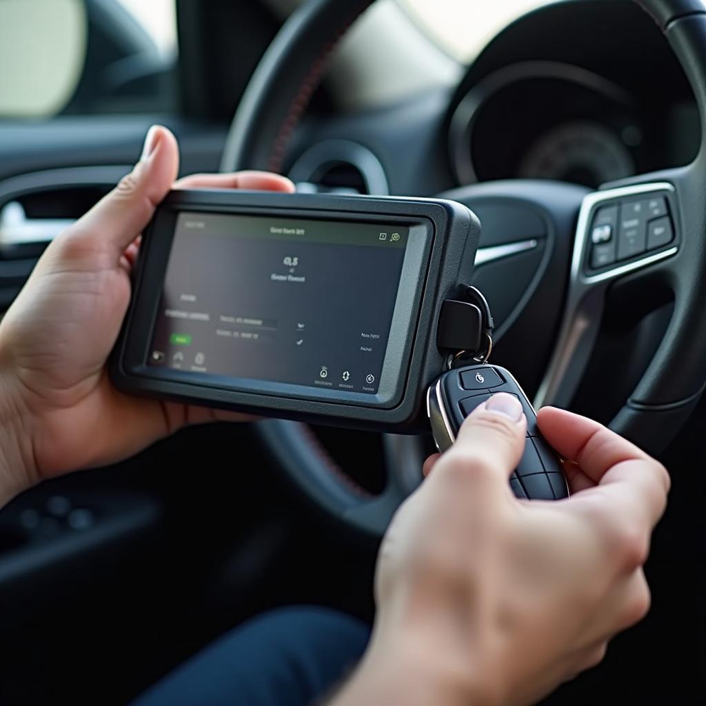 A technician using a specialized tool to program a car key