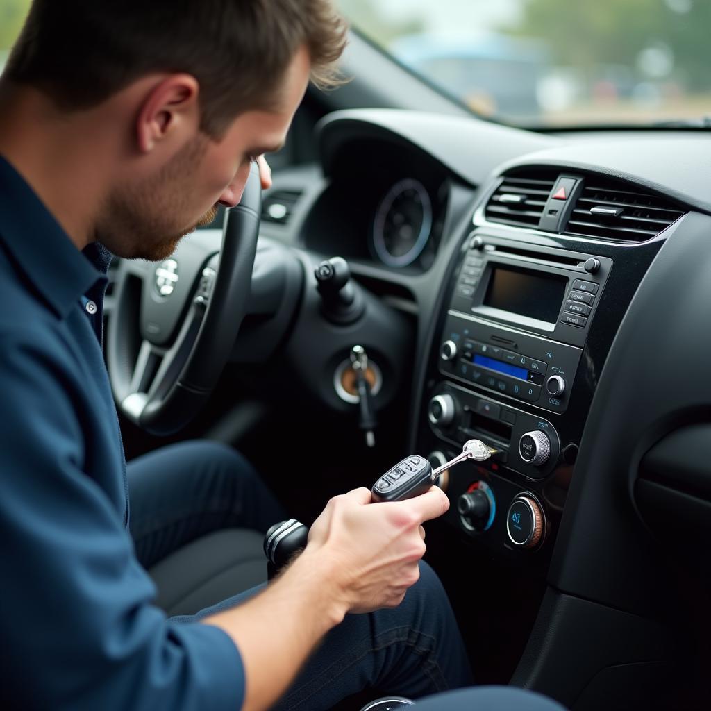 A car locksmith working on a car ignition