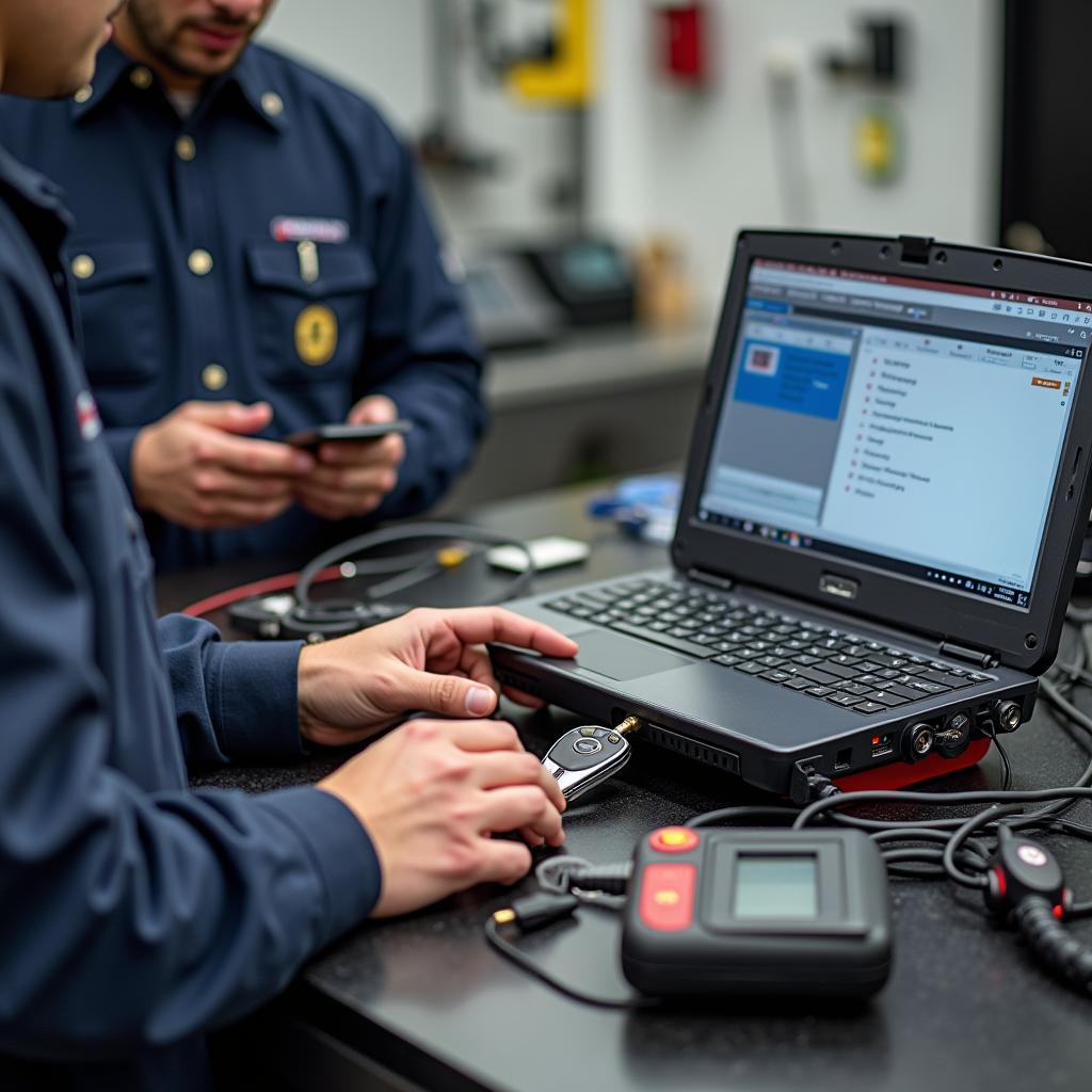 A technician programming a Chevy key fob using specialized equipment.