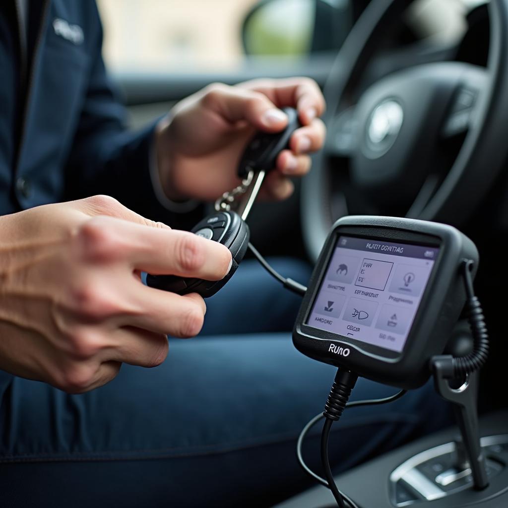 An automotive locksmith programming a car key