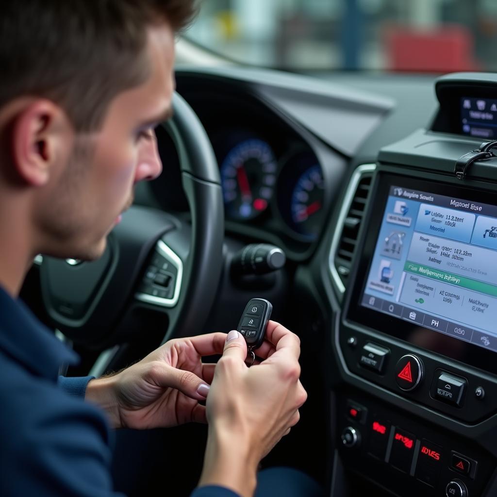 A technician programming a key fob using specialized equipment