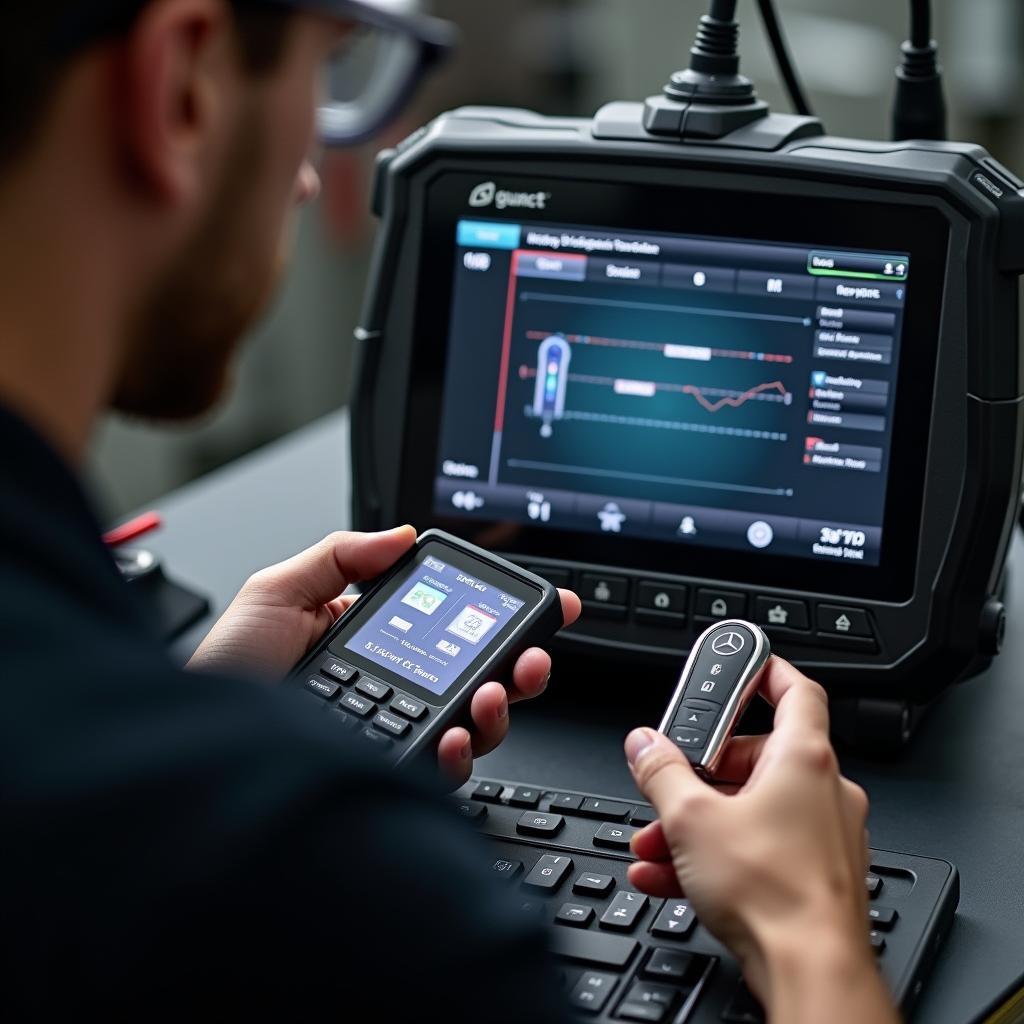 Mercedes key fob being programmed by a technician