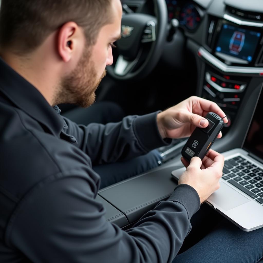 Locksmith programming a Cadillac key fob using specialized equipment