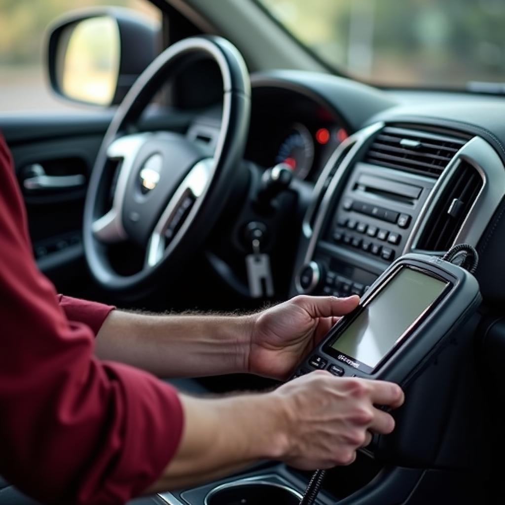 A technician using a diagnostic tool to program a GMC Envoy key fob