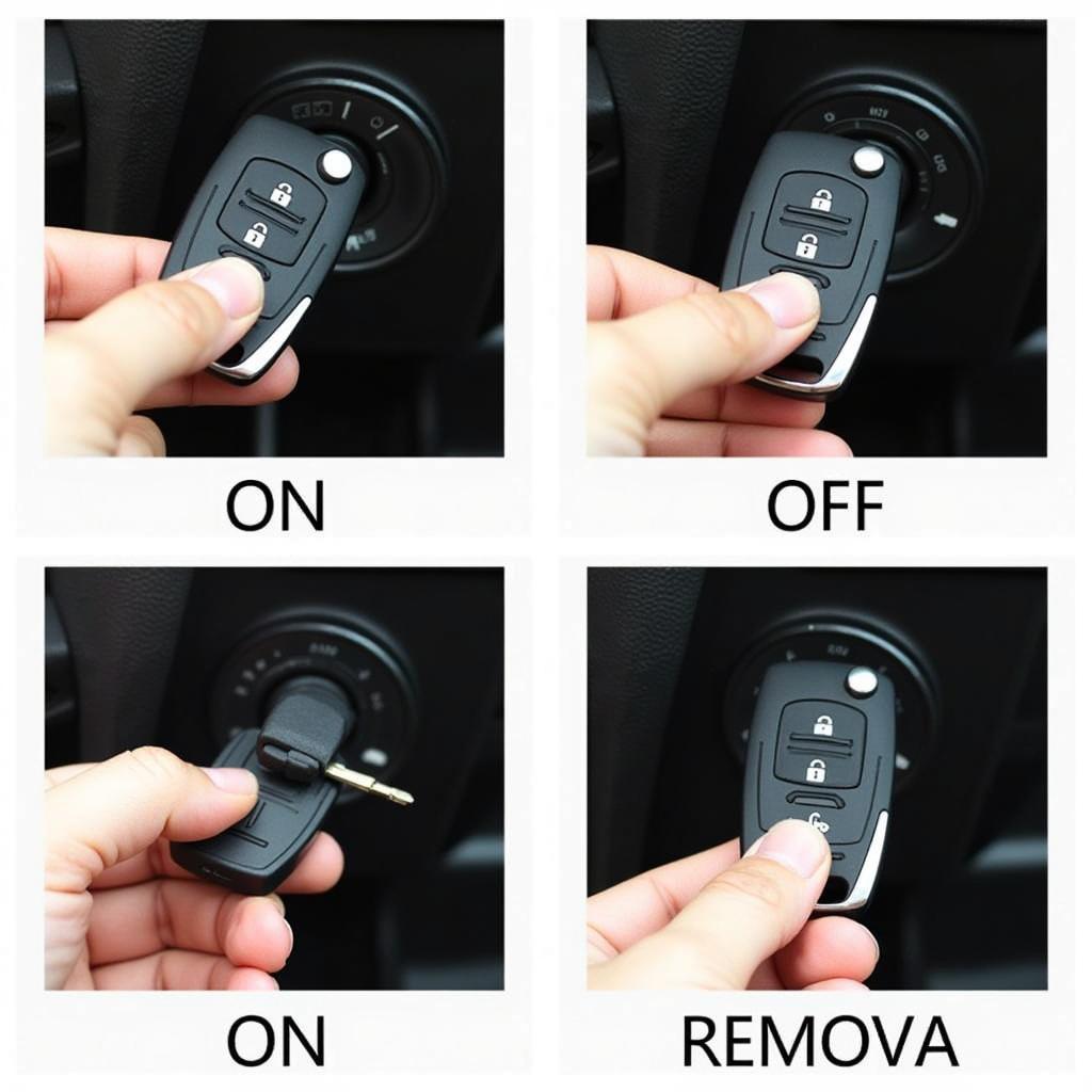 Steps to program a 2010 Chevy HHR key fob, showing ignition and key positions.